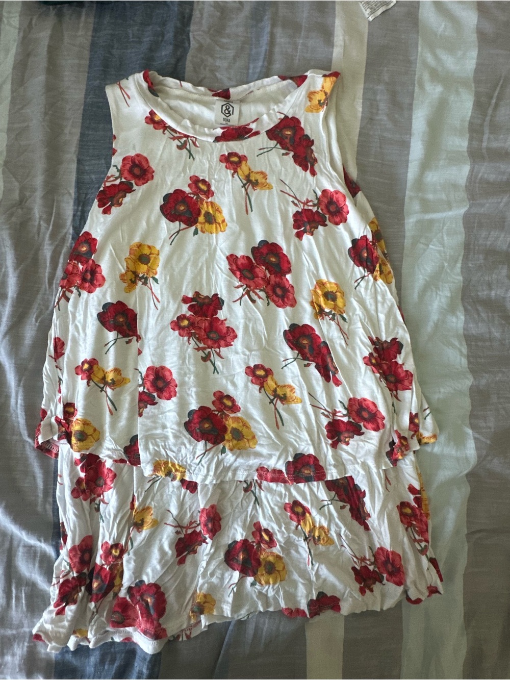Agnes & Dora White Floral Tiered Tank with Red and Yellow Blooms